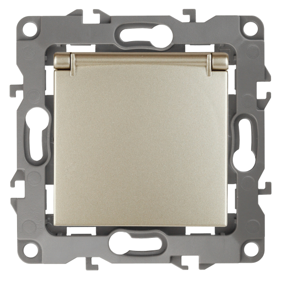 12-2103-04 ЭРА Розетка 2P+E Schuko со шторками с крышкой, 16A-250В, IP20, Эра12, шампань (10/100/250