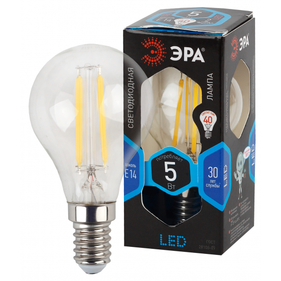 Лампочка светодиодная ЭРА F-LED P45-5W-840-E14 Е14 / Е14 5Вт филамент шар нейтральный белый свет