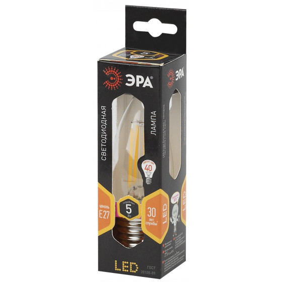 Лампочка светодиодная ЭРА F-LED B35-5W-827-E27 Е27 / Е27 5Вт филамент свеча теплый белый свет